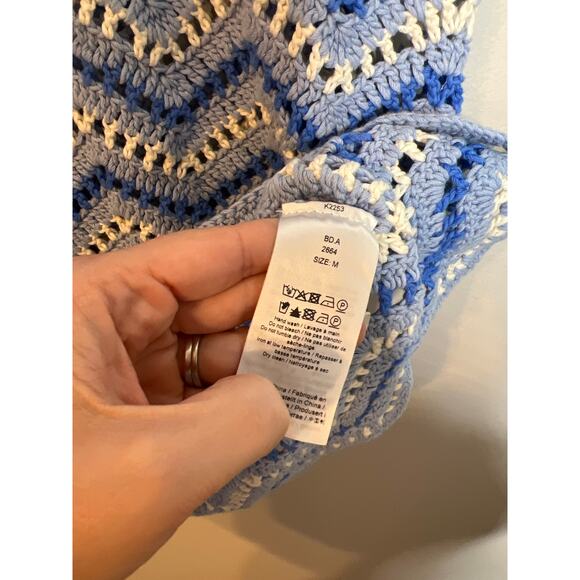 NEW Ganni Cotton Crochet Light Blue and White Short Sleeve Mini Dress Sz: Medium - Picture 6 of 8